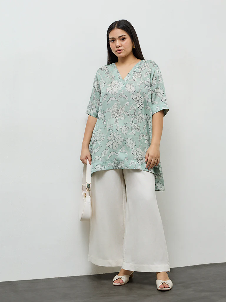 Diza Mint Floral Printed High-Low Tunic - Image 2