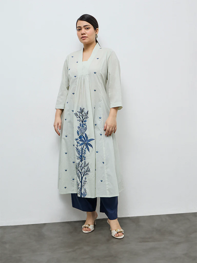 Diza Mint Foliage Embroidered Cotton A-Line Kurta - Image 2