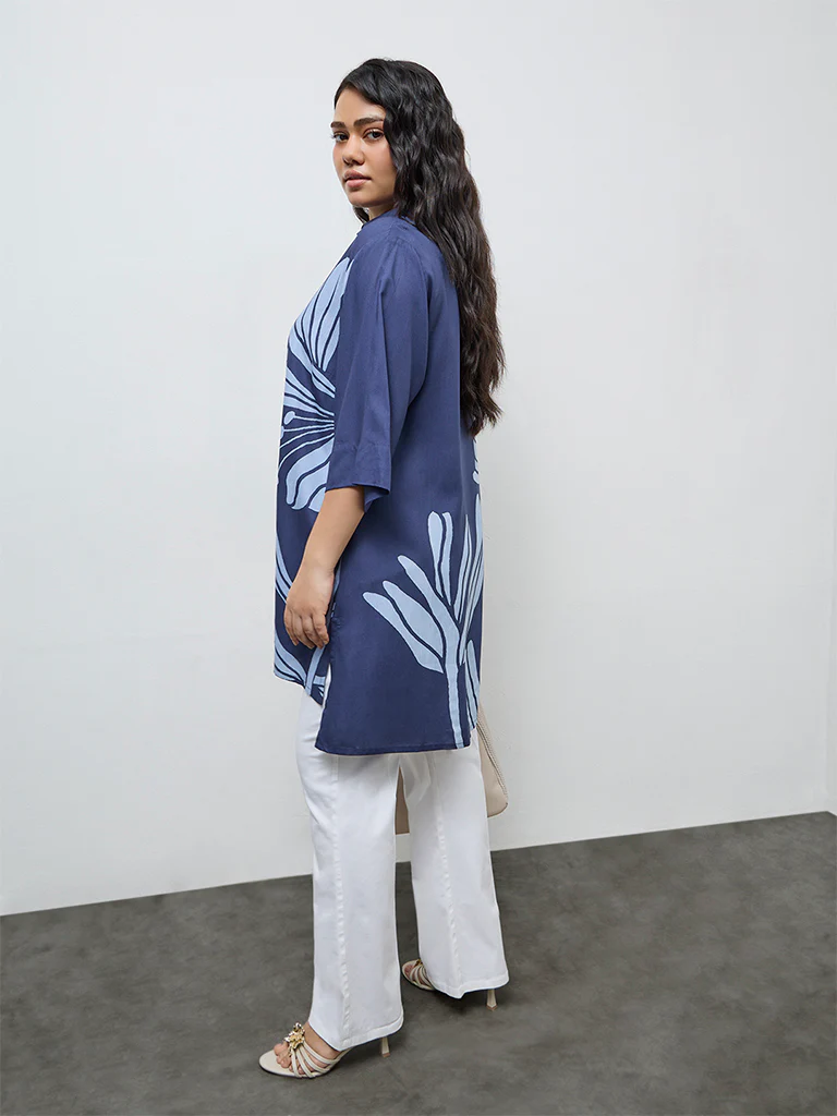 Diza Navy Floral Printed High-Low Tunic - Image 4