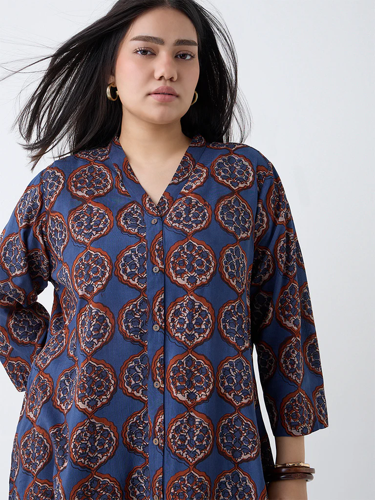 Diza Navy Printed A-Line Kurta - Image 3