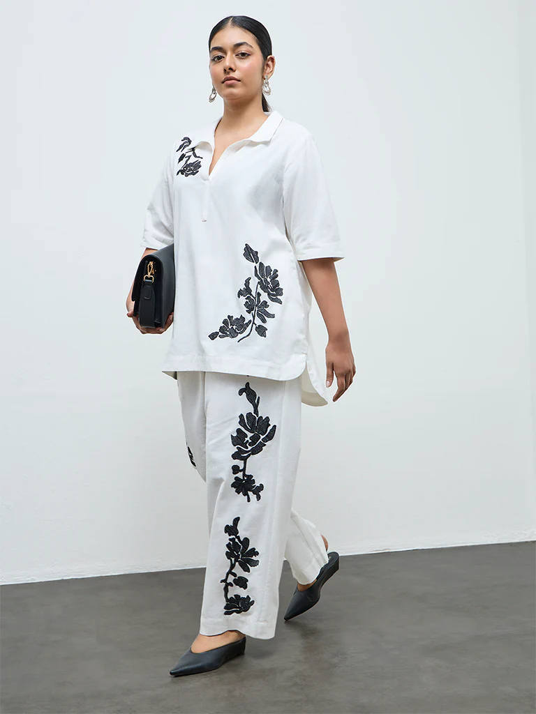 Diza Off-White Floral Embroidered Cotton-Blend Pants - Image 2