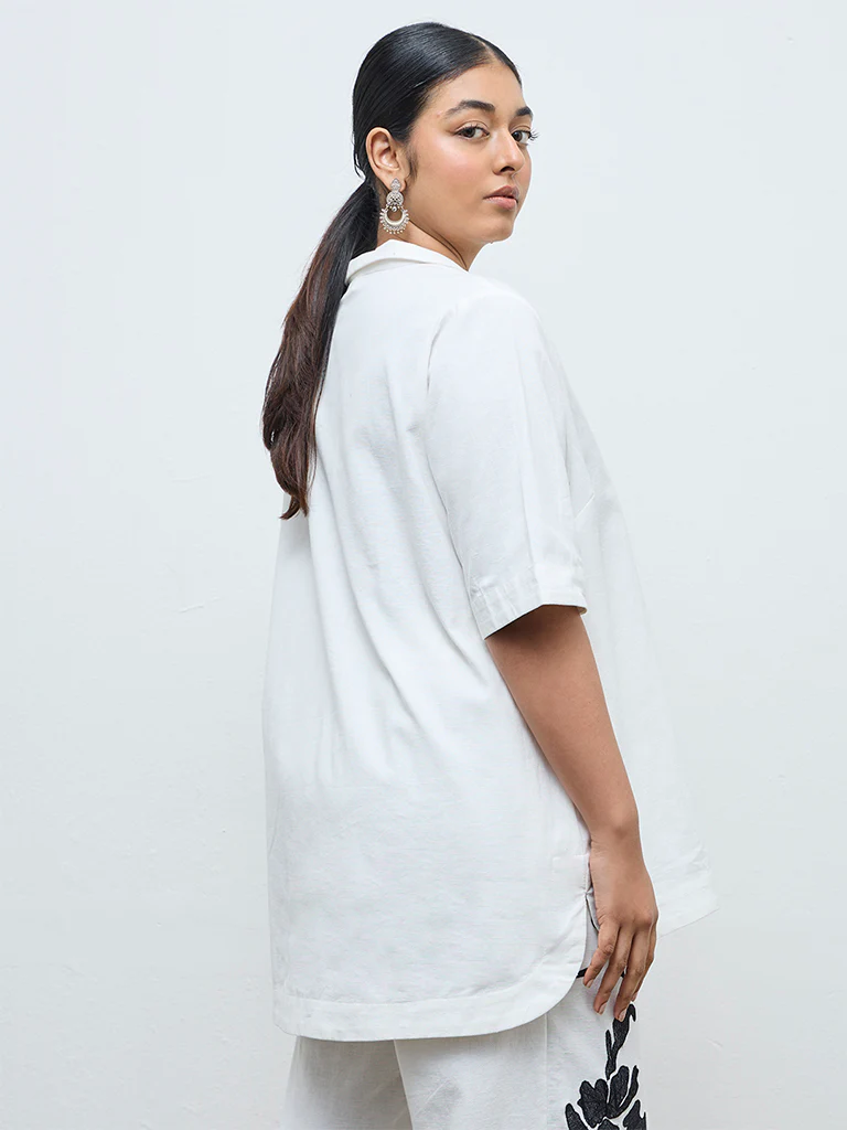 Diza Off-White Floral Embroidered Cotton-Blend Tunic - Image 4