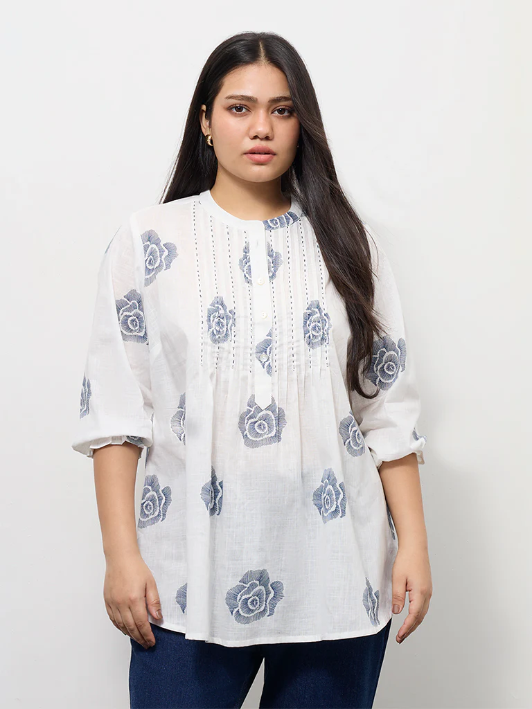 Diza Off-White Floral Printed Cotton Tunic