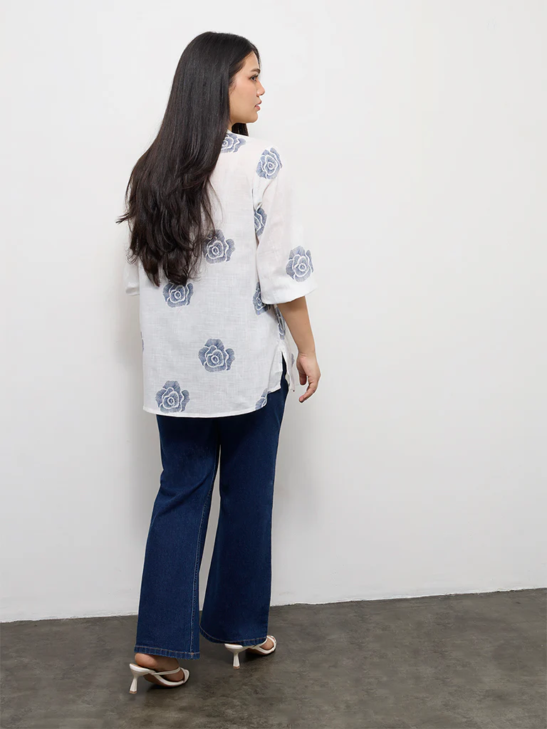 Diza Off-White Floral Printed Cotton Tunic - Image 4