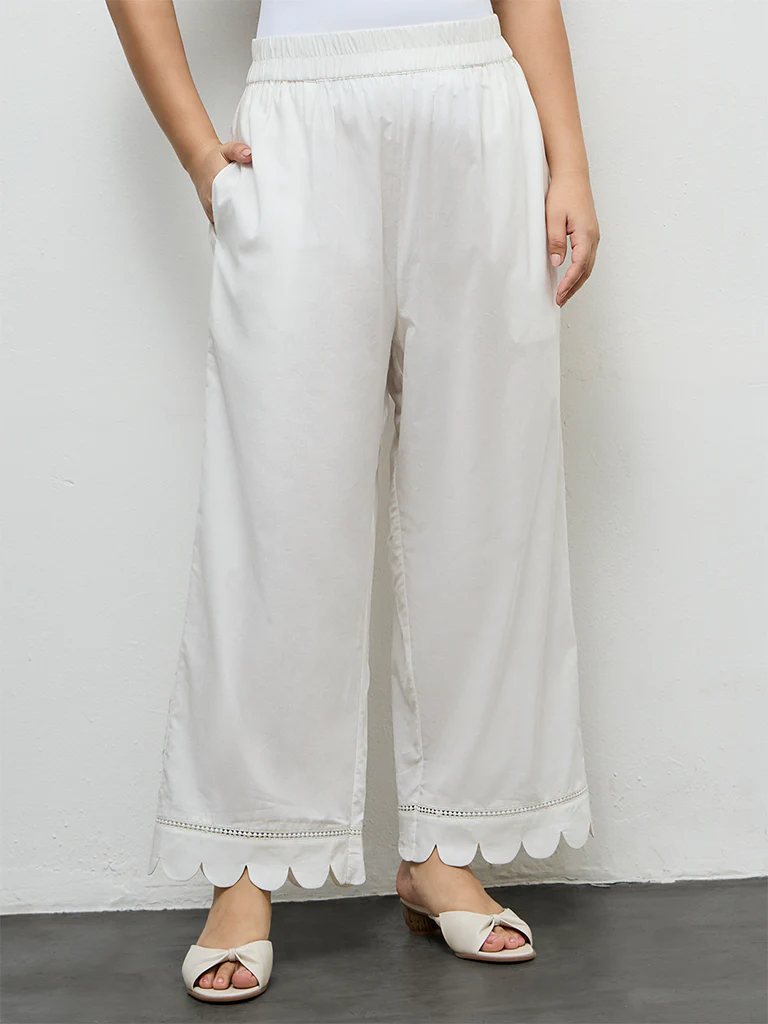 Diza Off-White Scallop-Detailed Cotton Pants