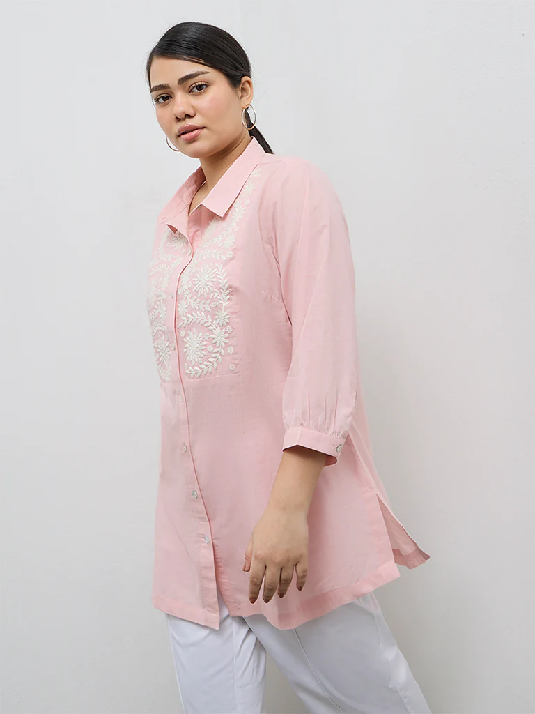 Diza Pink Botanical Embroidered Cotton Tunic