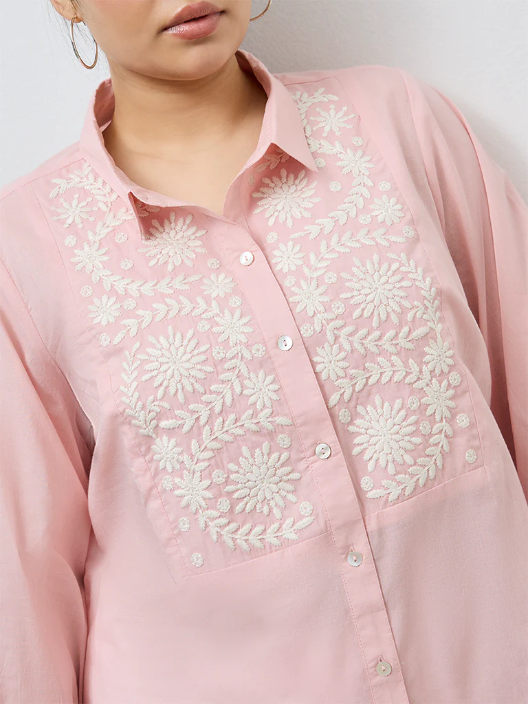 Diza Pink Botanical Embroidered Cotton Tunic - Image 3
