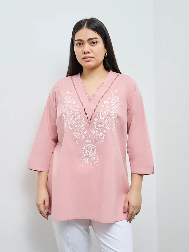 Diza Pink Floral Embroidered Cotton Tunic