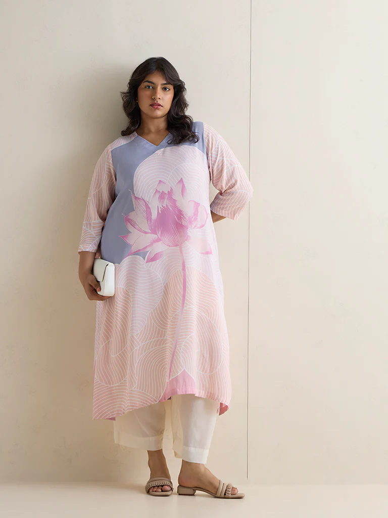 Diza Pink Floral Printed A-Line Kurta