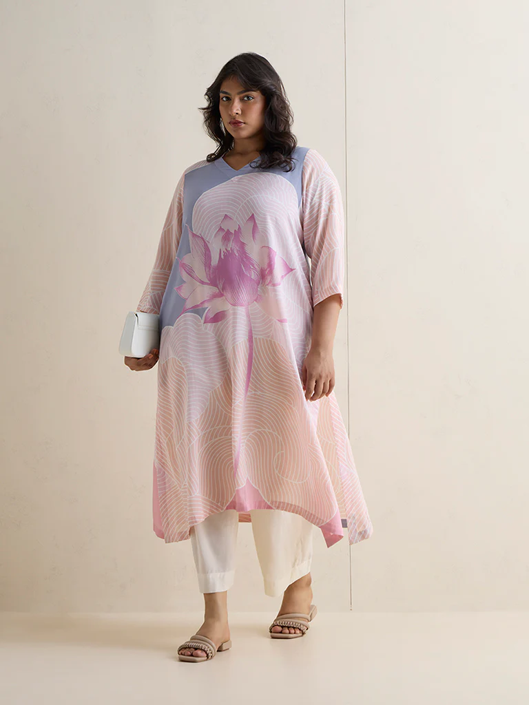 Diza Pink Floral Printed A-Line Kurta - Image 2