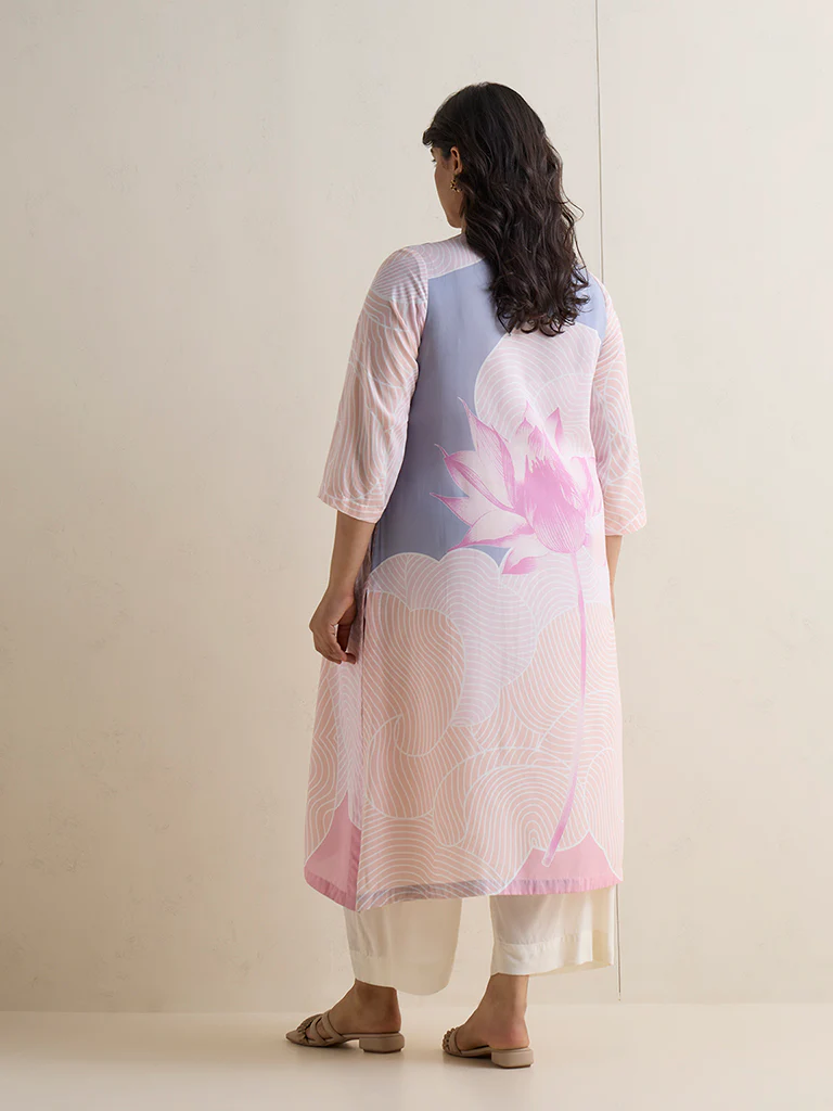 Diza Pink Floral Printed A-Line Kurta - Image 4
