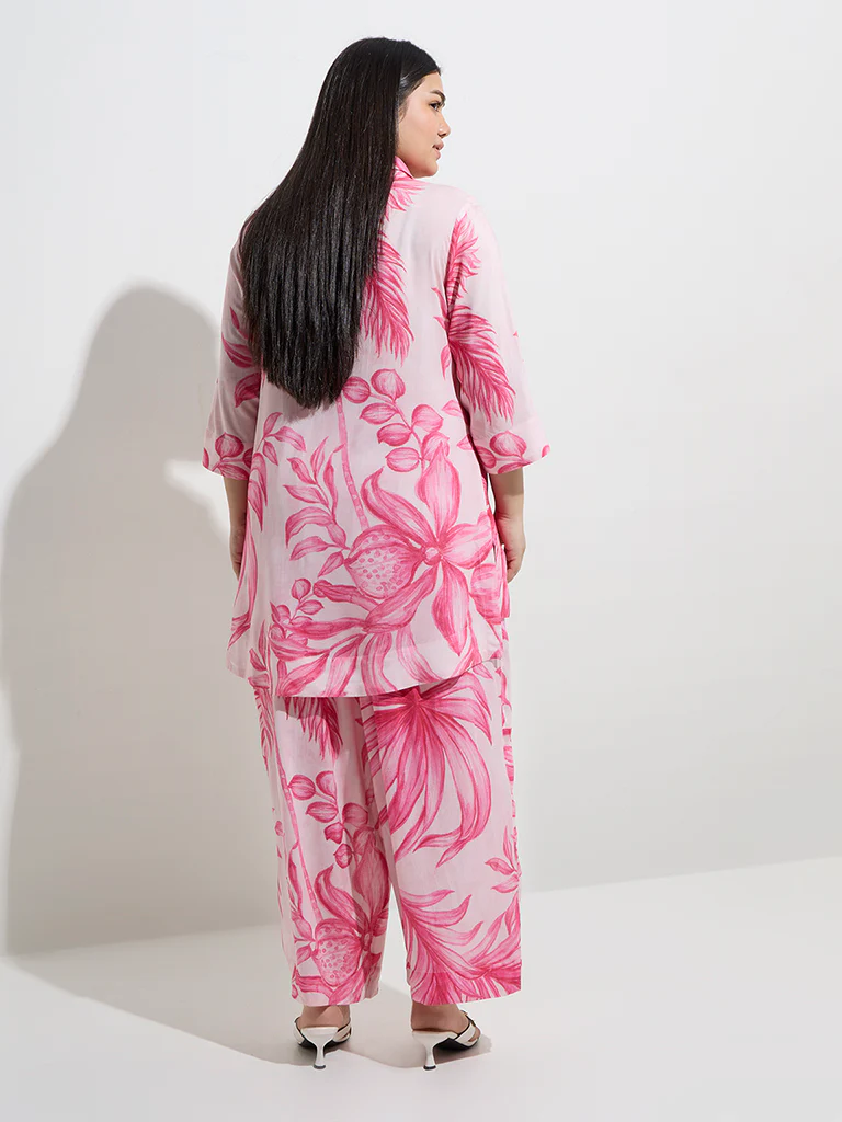 Diza Pink Foliage Printed High-Low Ethnic Tunic - Image 4