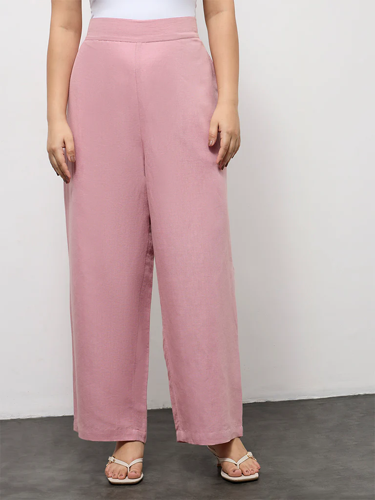 Diza Pink Solid Linen-Blend Pants