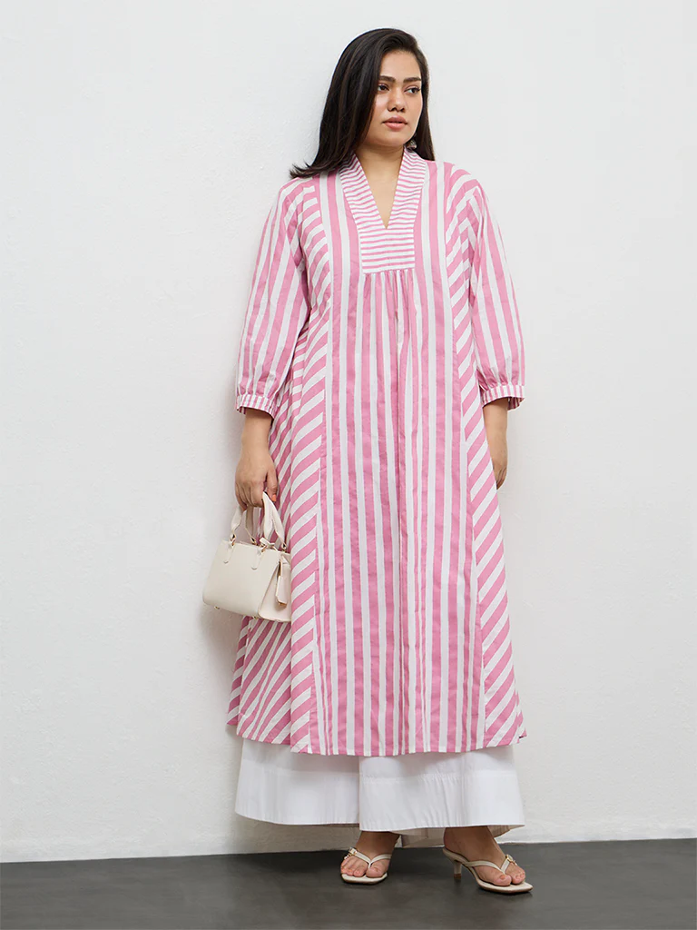 Diza Pink Striped Cotton A-Line Kurta