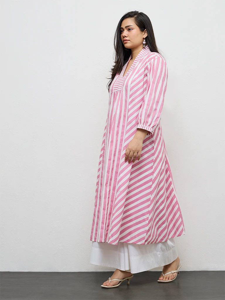 Diza Pink Striped Cotton A-Line Kurta - Image 2