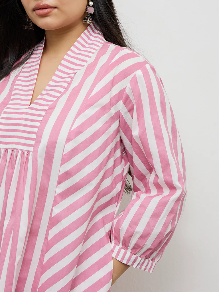 Diza Pink Striped Cotton A-Line Kurta - Image 3