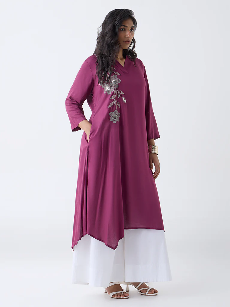 Diza Plum Floral Embroidered A-Line Kurta - Image 2