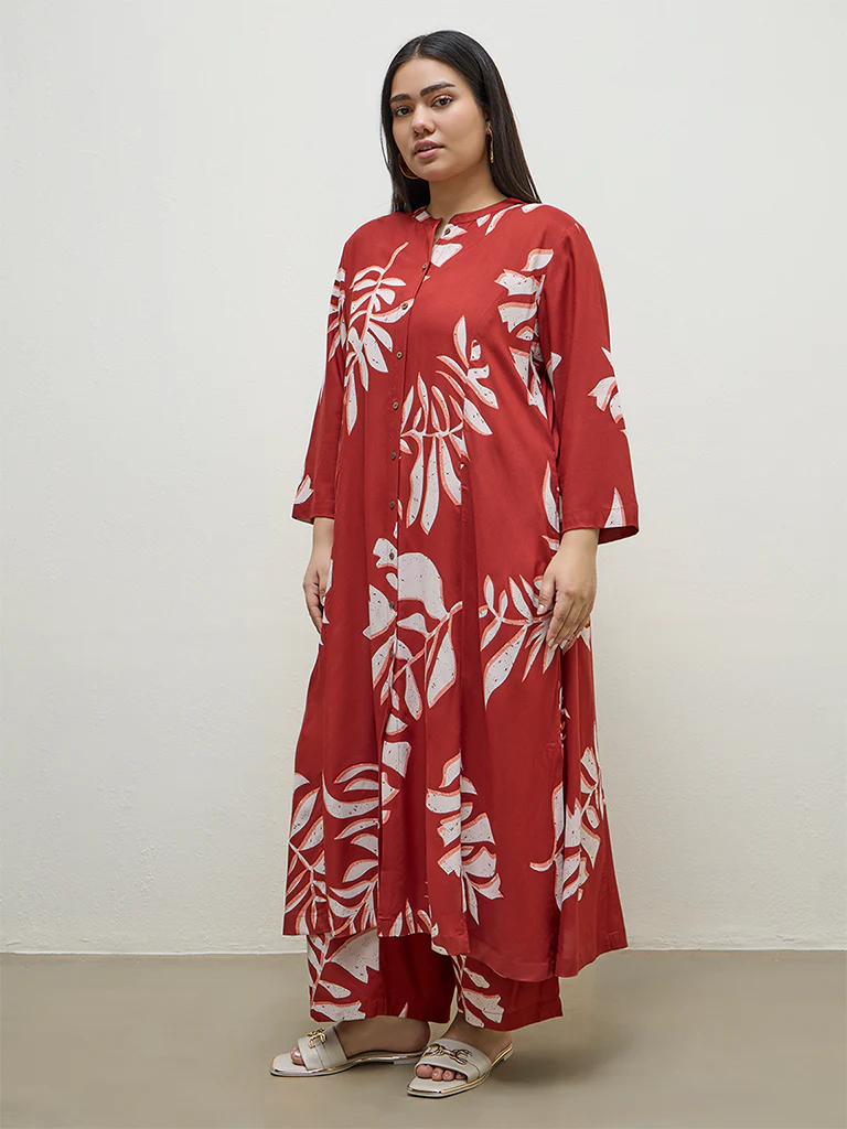 Diza Red Botanical Printed A-Line Kurta - Image 2