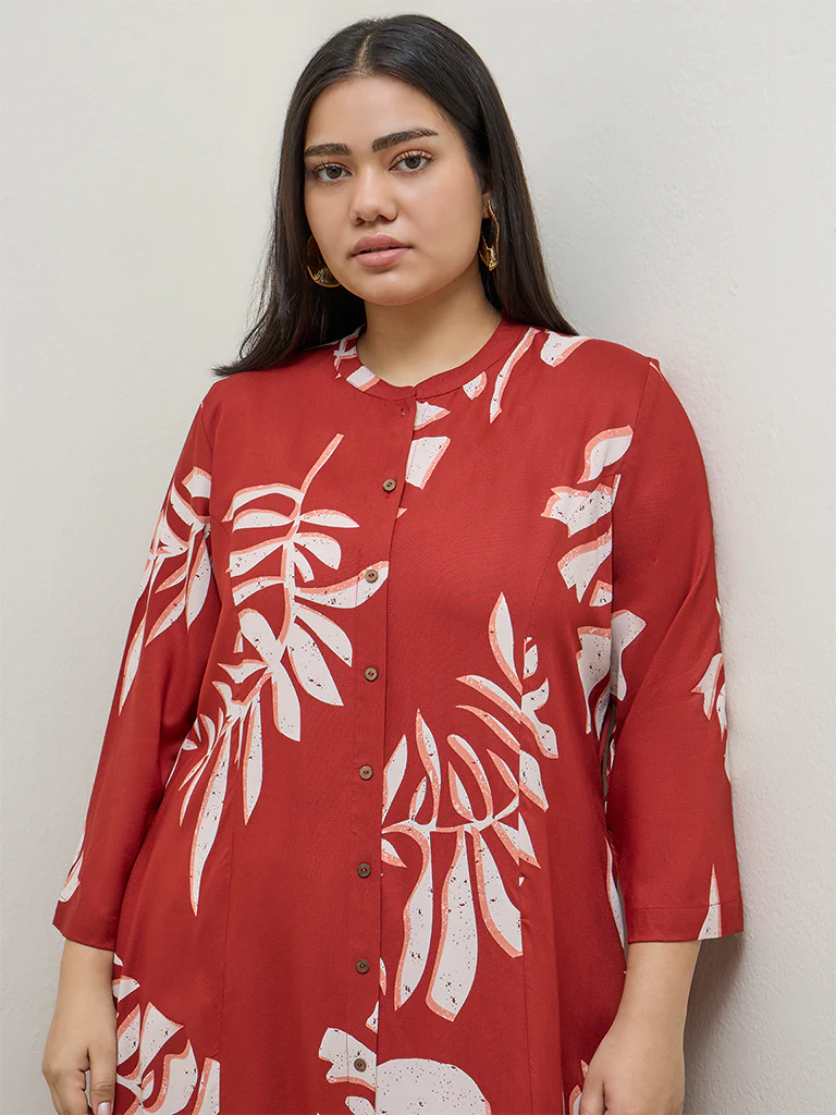 Diza Red Botanical Printed A-Line Kurta - Image 3