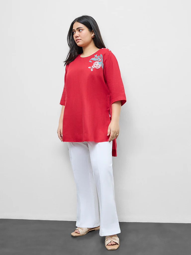 Diza Red Floral Embroidered Linen Tunic - Image 2