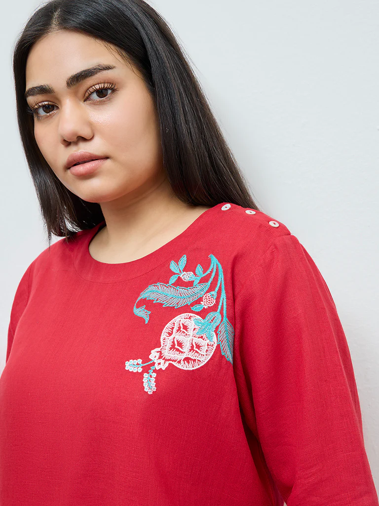 Diza Red Floral Embroidered Linen Tunic - Image 3