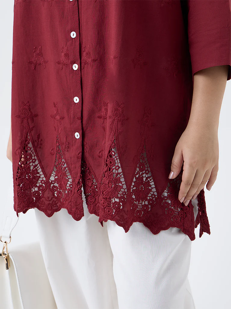 Diza Red Floral Lace Detailed Cotton Tunic - Image 3