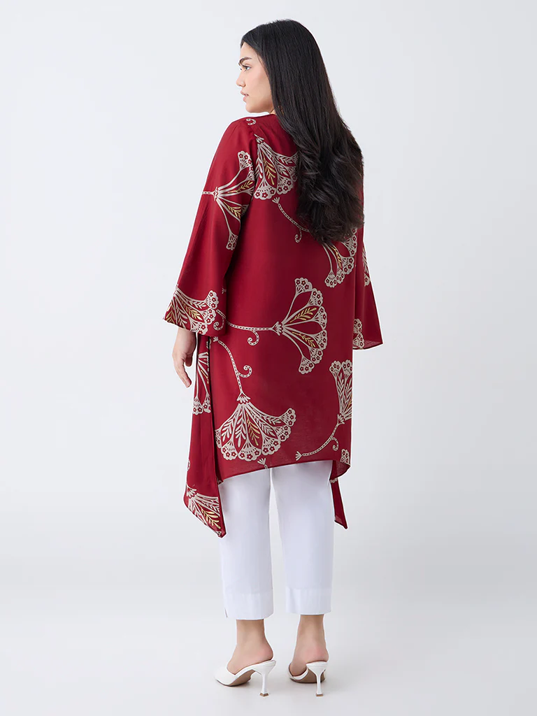 Diza Red Floral Pattern A-Line Kurta - Image 4