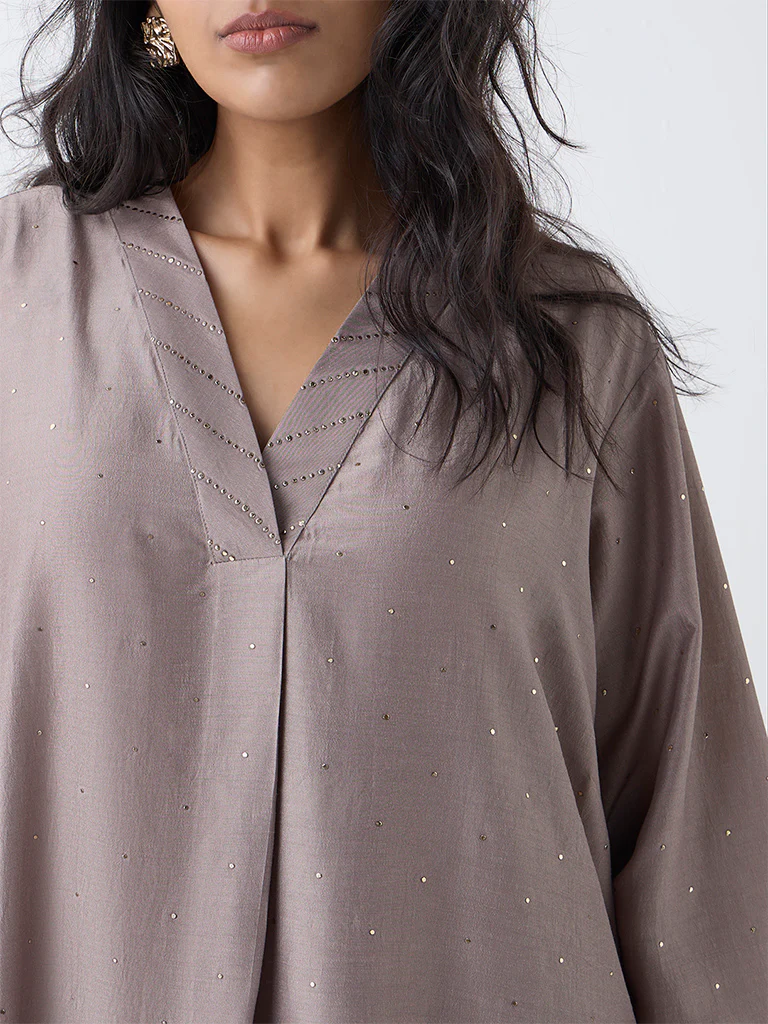 Diza Taupe Embellished A-Line Kurta - Image 3