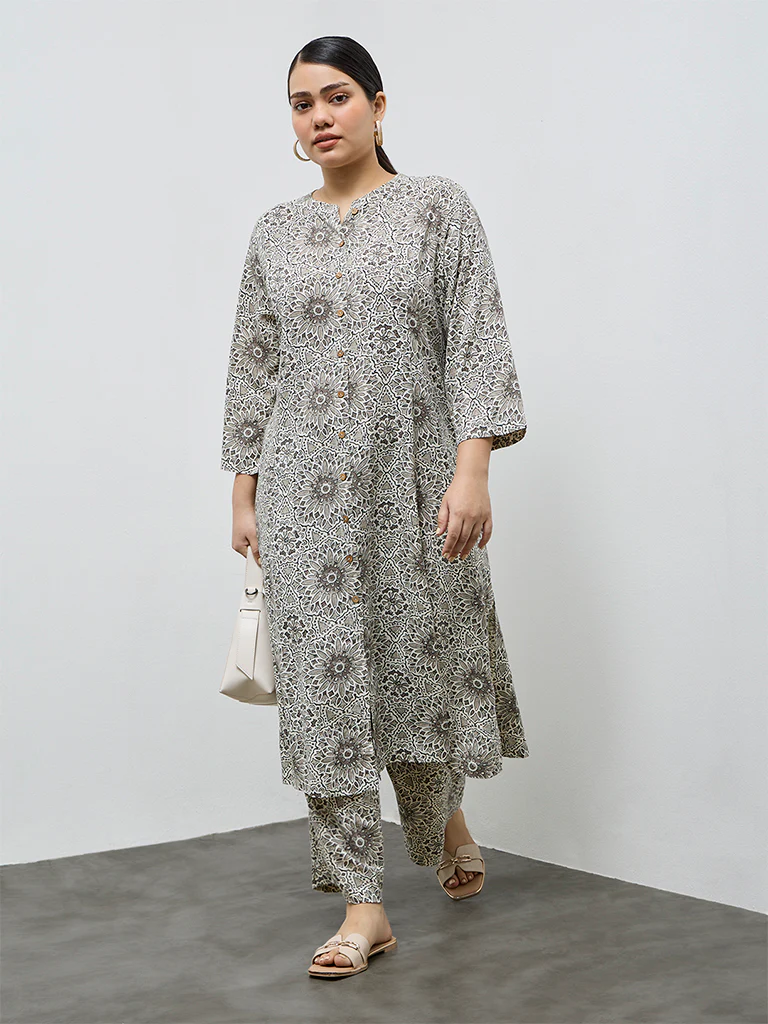 Diza Taupe Floral Design A-Line Kurta - Image 2