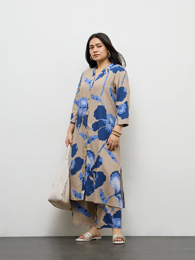 Diza Taupe Foliage Printed A-Line Kurta
