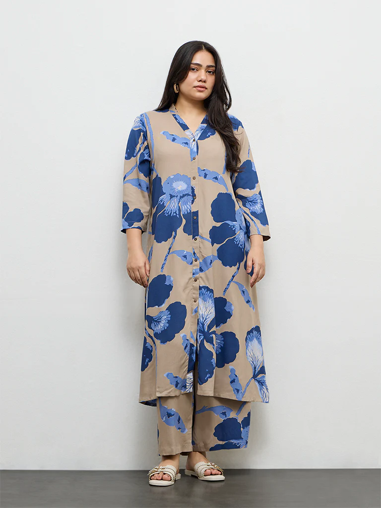 Diza Taupe Foliage Printed A-Line Kurta - Image 2