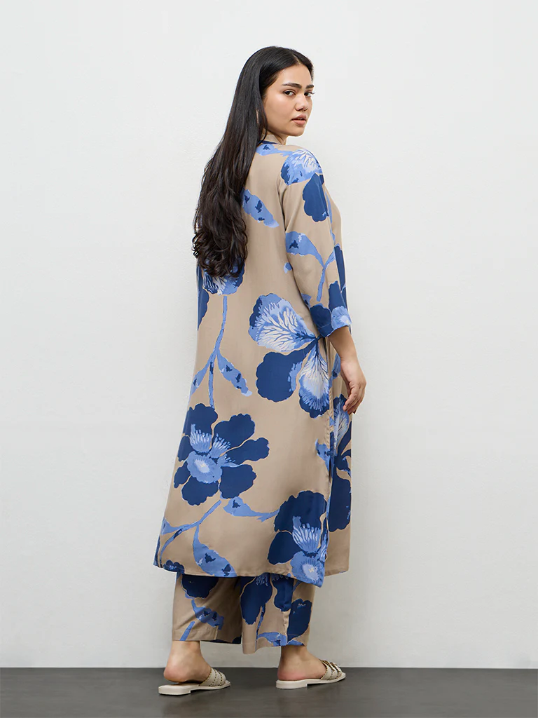 Diza Taupe Foliage Printed A-Line Kurta - Image 4