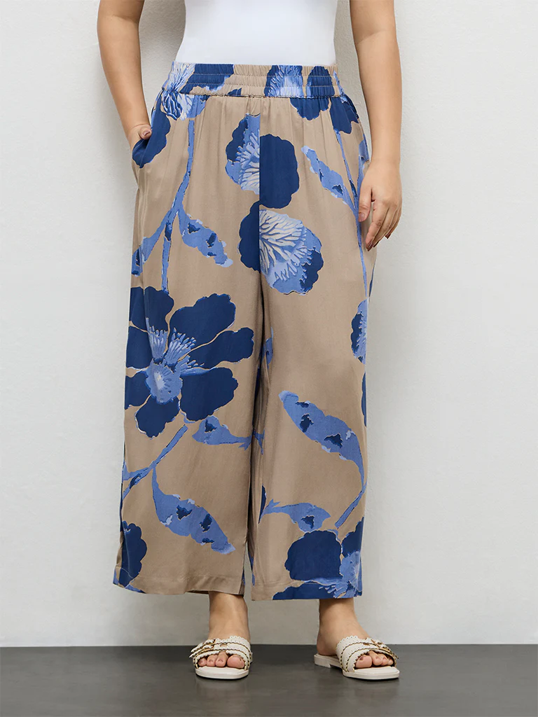 Diza Taupe Foliage Printed Palazzos