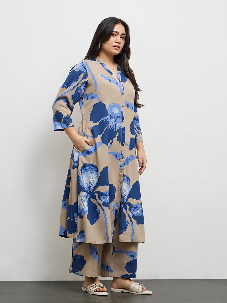 Diza Taupe Foliage Printed Palazzos - Image 2