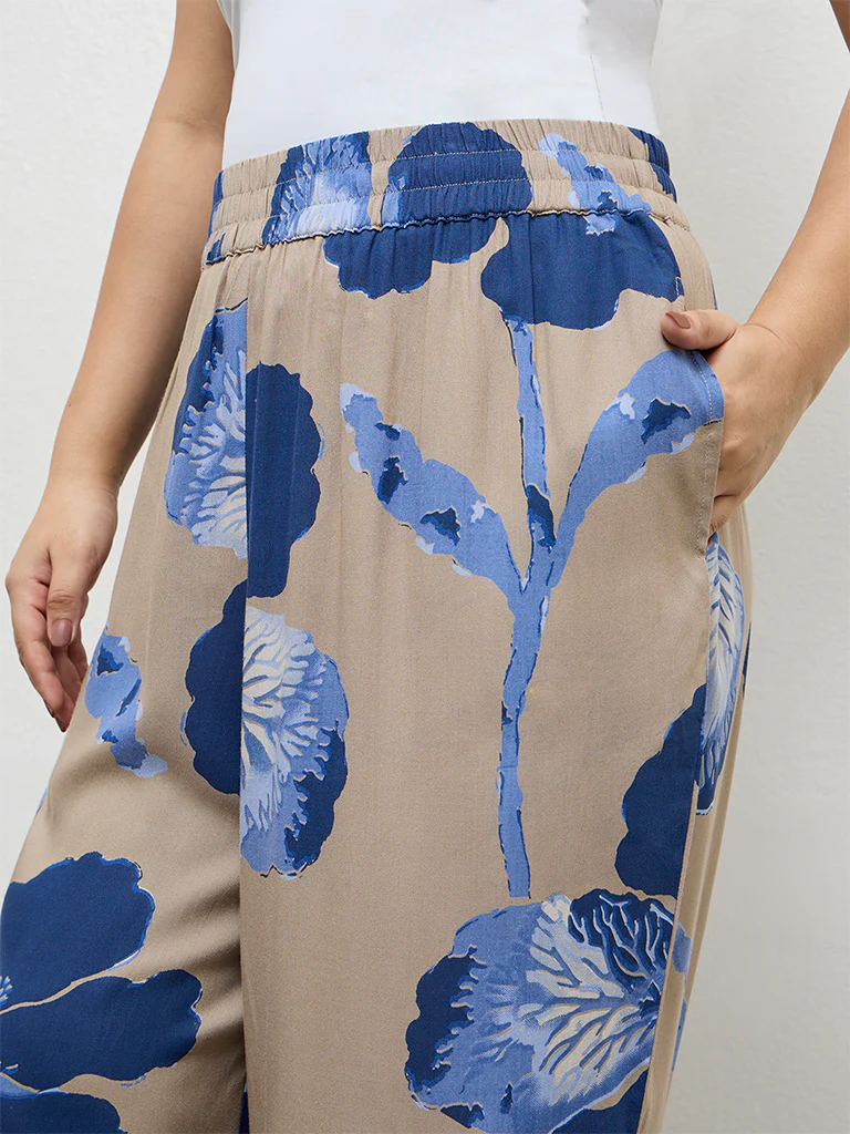Diza Taupe Foliage Printed Palazzos - Image 3