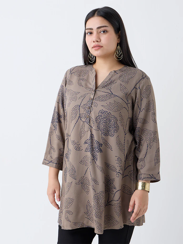 Diza Taupe Foliage Printed Tunic - Image 2