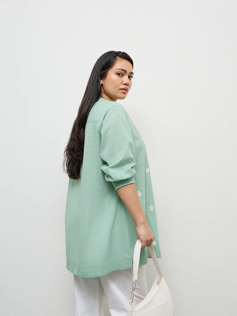 Diza Turquoise Embroidered Cotton Tunic - Image 4
