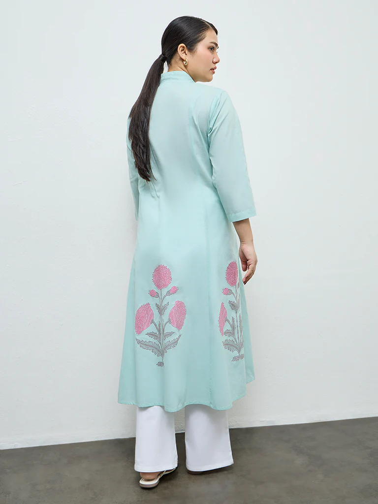 Diza Turquoise Floral Printed Cotton A-Line Kurta - Image 4