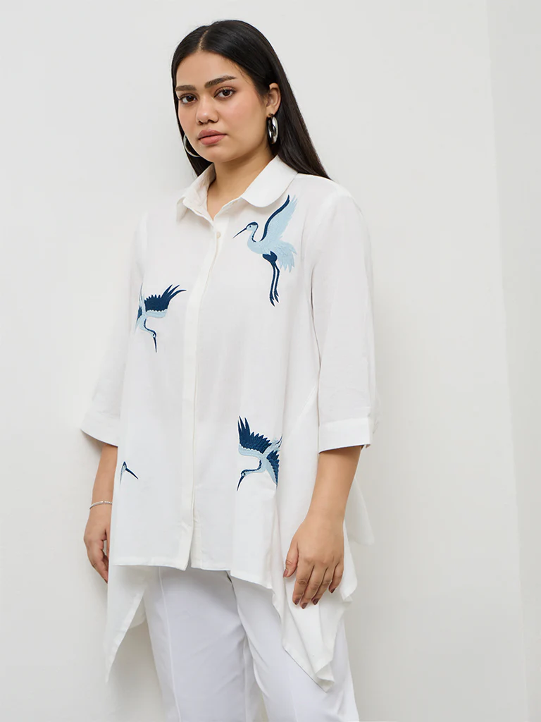 Diza White Bird Embroidered Cotton-Blend Tunic