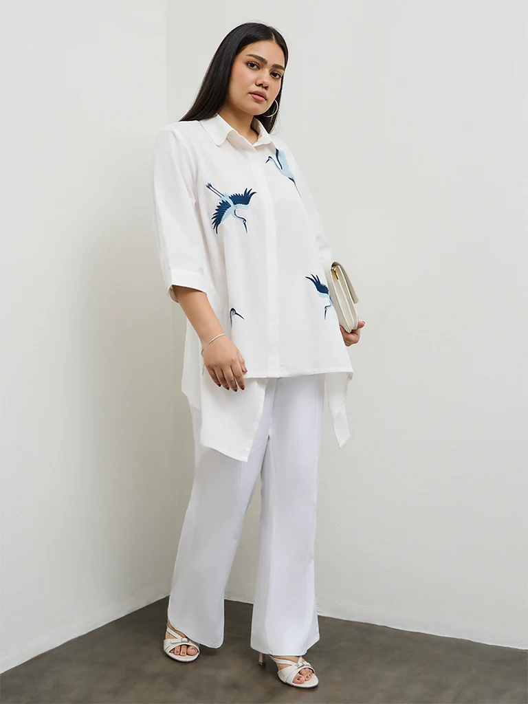 Diza White Bird Embroidered Cotton-Blend Tunic - Image 2