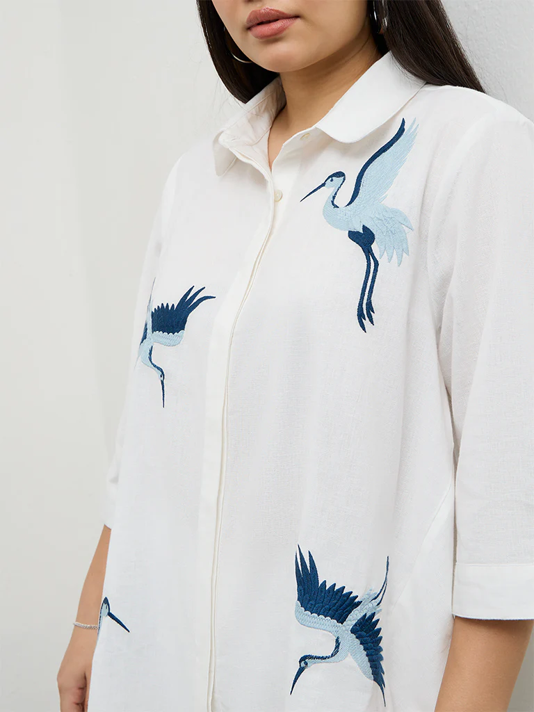 Diza White Bird Embroidered Cotton-Blend Tunic - Image 3