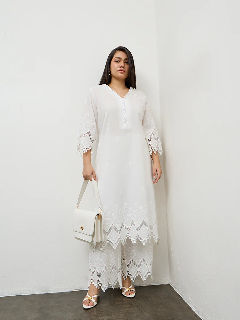 Diza White Embroidered A-Line Cotton Kurta