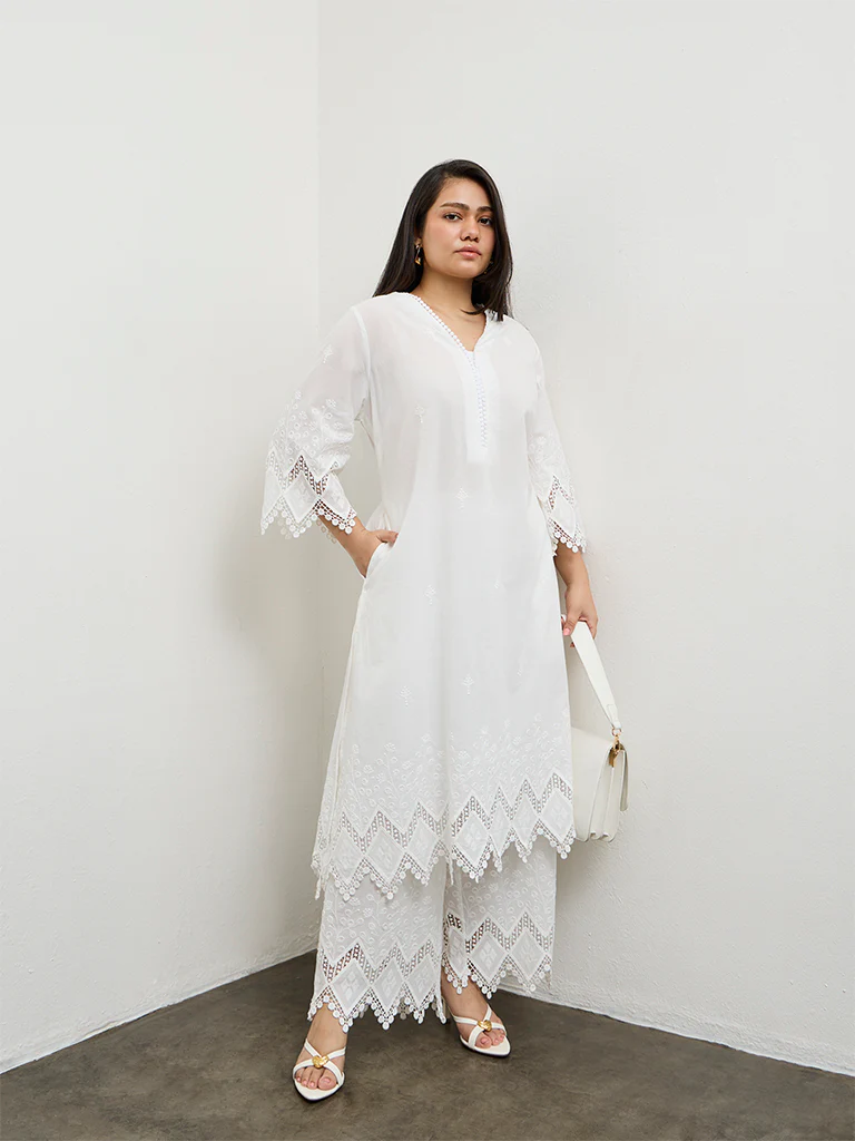Diza White Embroidered A-Line Cotton Kurta - Image 2