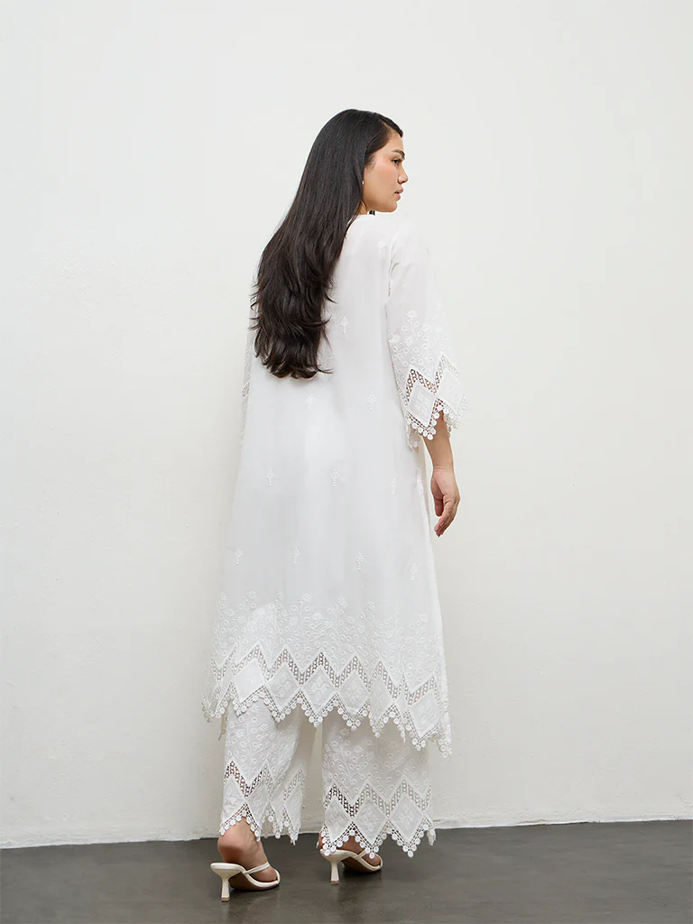 Diza White Embroidered A-Line Cotton Kurta - Image 4