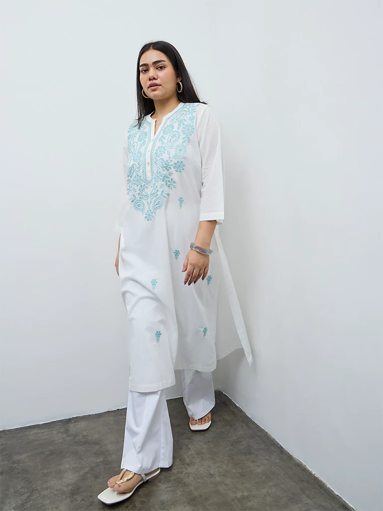 Diza White Embroidered Cotton A-Line Kurta - Image 2