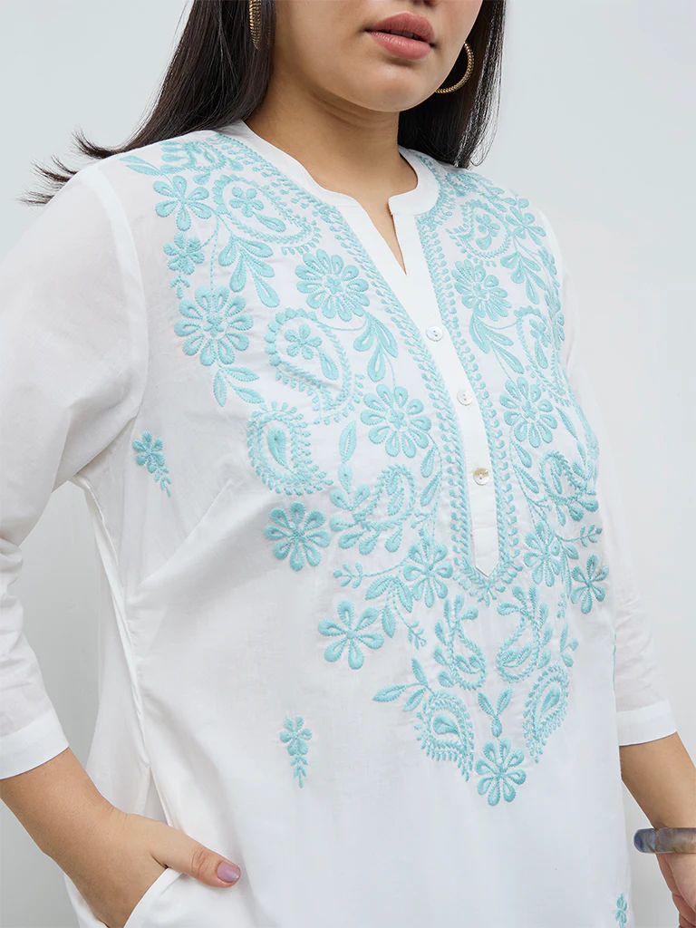 Diza White Embroidered Cotton A-Line Kurta - Image 3