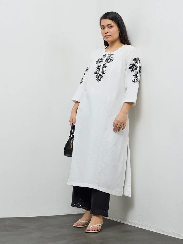 Diza White Embroidered Cotton A-Line Kurta - Image 2