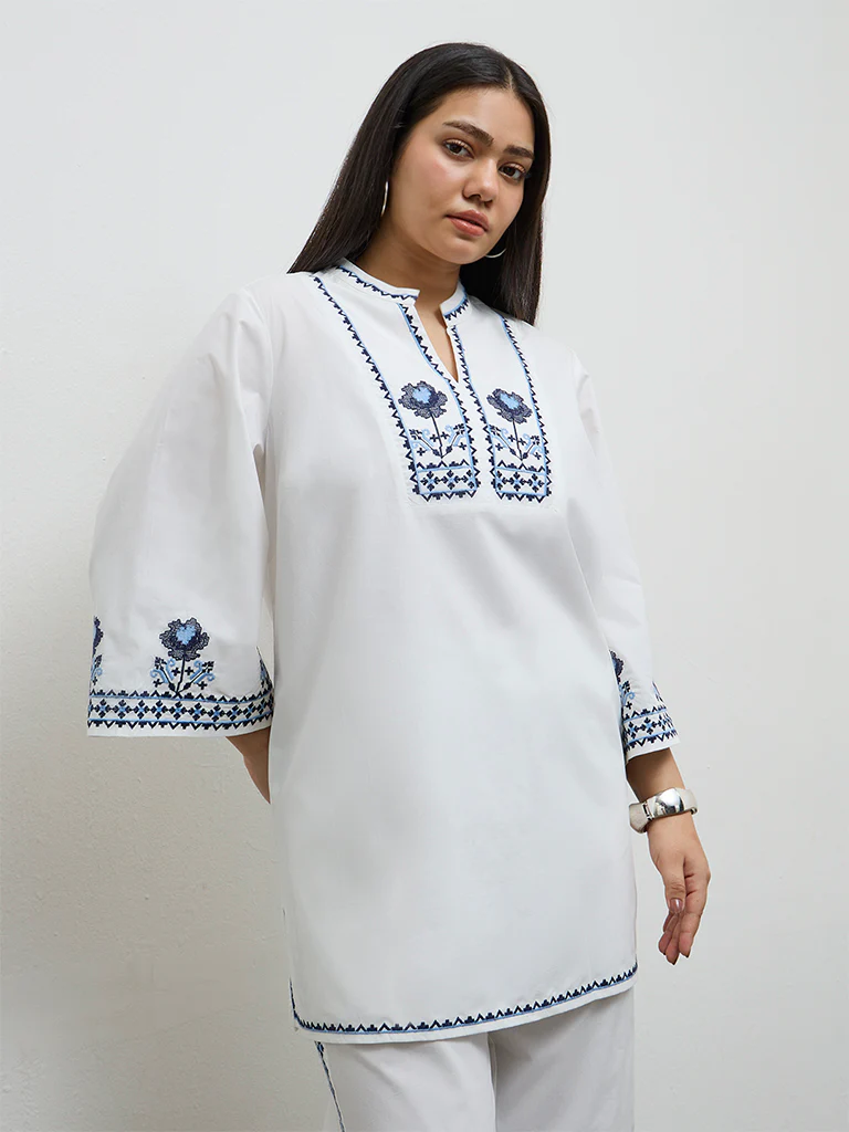 Diza White Embroidered Straight Kurta - Image 2