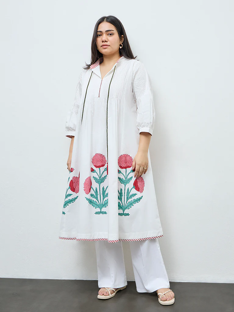 Diza White Floral Cotton A-Line Kurta