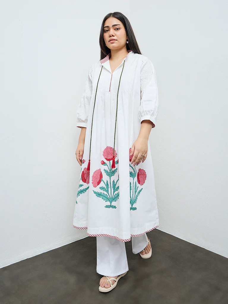 Diza White Floral Cotton A-Line Kurta - Image 2